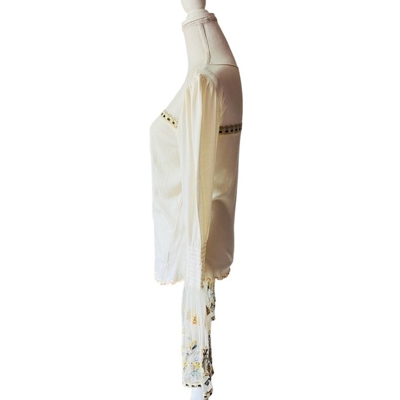 FREE PEOPLE WOMENS CREME AND SHEER BOHO LONG BELL SLEEVES TOP SIZE LARGE - Picture 2 of 16